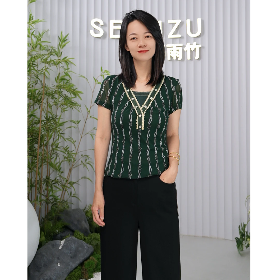 Shengyuzhu/声雨竹时尚条纹提花显瘦夏季休闲针织衫女士宽松v领
