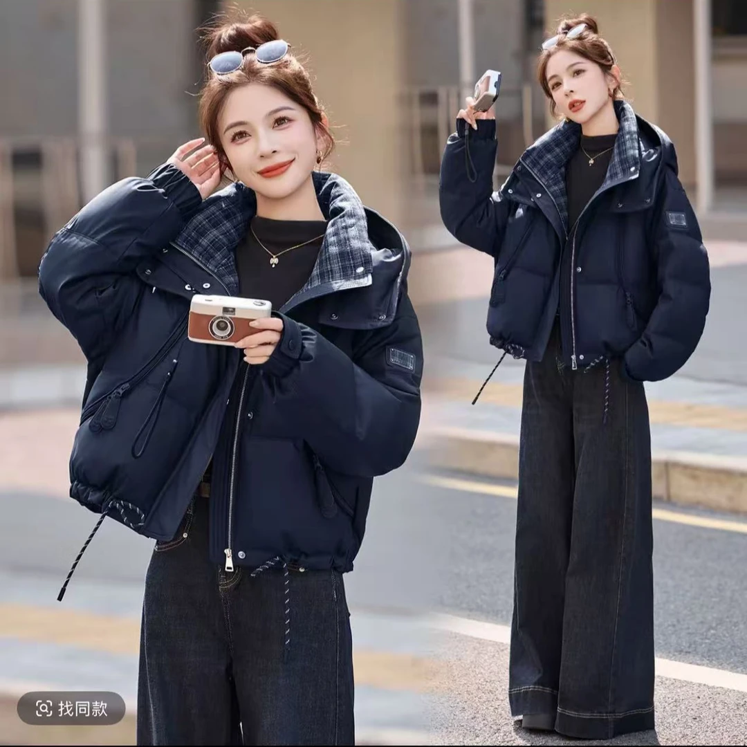 338厚款连帽冬季保暖短款拒污防水PU皮拼接时尚羽绒服