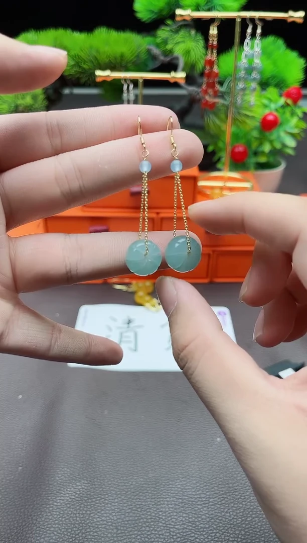 石英质玉（天山翠）银S925镶嵌耳饰716