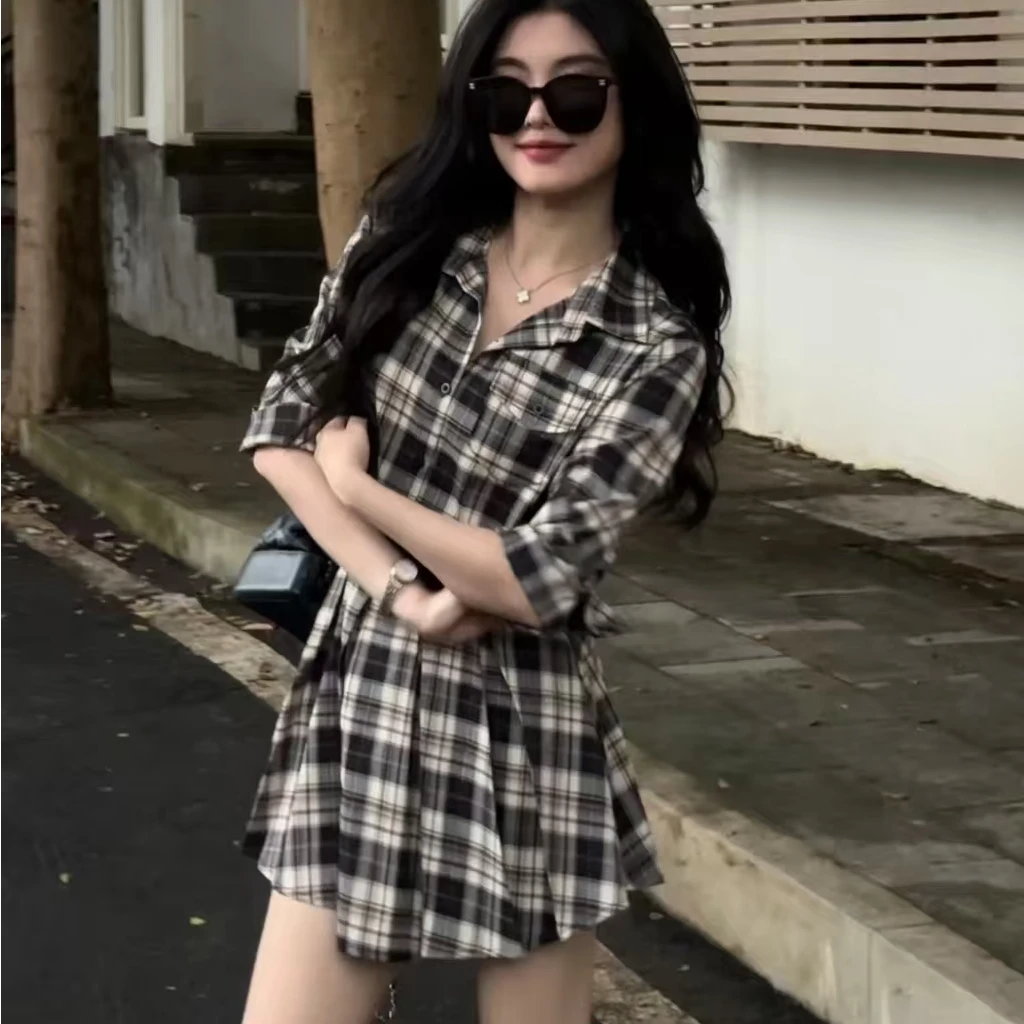 【现货送运费险】初秋复古收腰格纹长袖衬衫连衣裙时尚显瘦休闲裙子