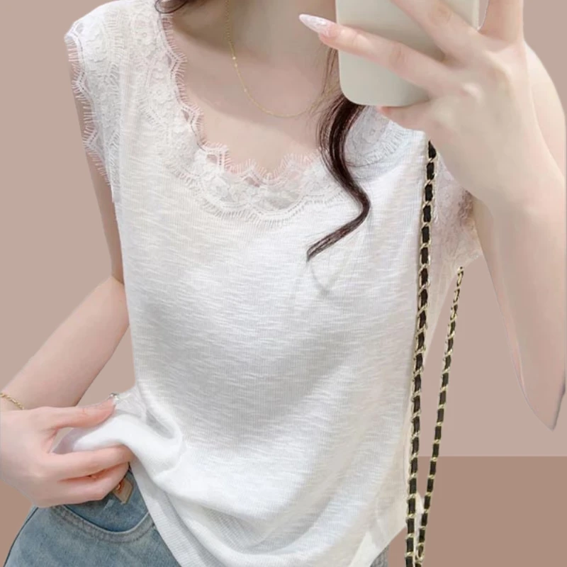 蕾丝无袖T恤2025年夏季新款时尚百搭小众设计感高级感休闲风上衣