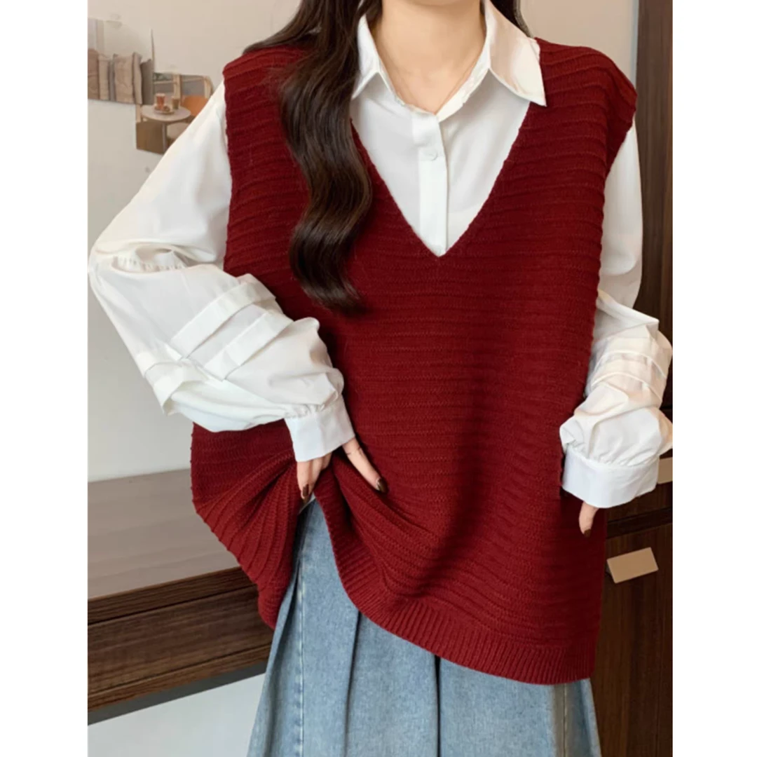 安哥拉红V领针织马甲背心大码女装胖mm早秋宽松显瘦毛衣马夹外搭