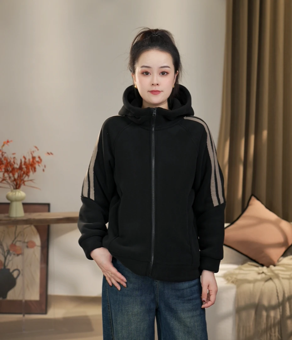 【沐沐】冬季时尚休闲百搭运动拼条加绒加厚防风保暖连帽长袖外套