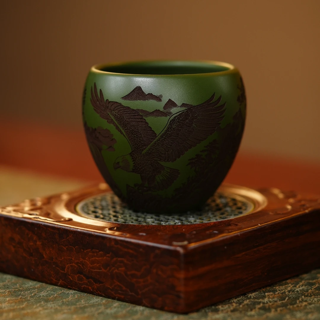 【6046绿泥双鹰图】宜兴原矿紫砂景舟绿大容量龙蛋杯刻双鹰图主人杯