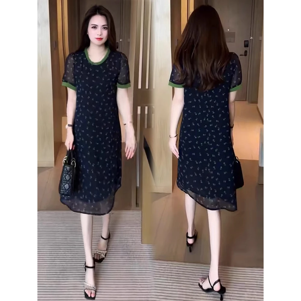 夏天雪纺连衣裙女2025新款小个子气质减龄显瘦遮肉中长款碎花裙子