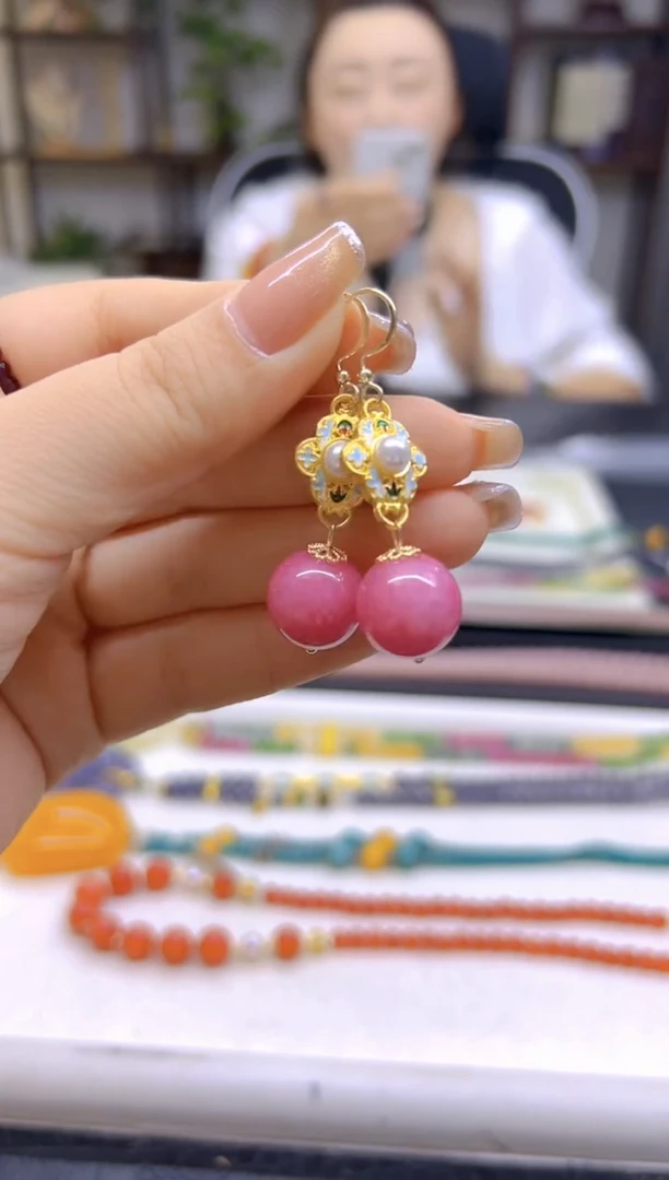 菱锰矿（红纹石）14K金镶嵌耳饰DIY款E798