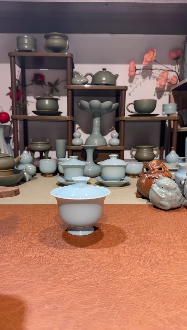 盖碗瓷222全手卷足马蹄盖碗 约100-110ml 天青釉微瑕