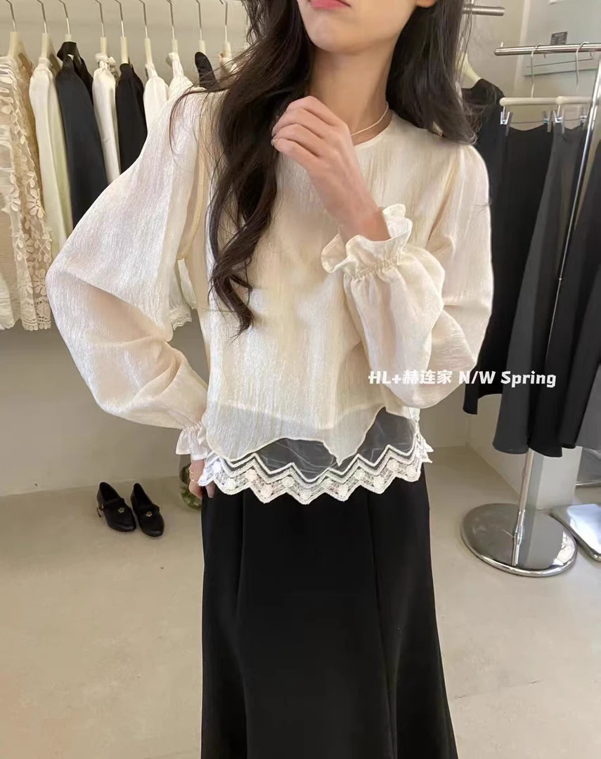 春季新款欧洲站时尚圆领下摆蕾丝花长袖娃娃丝料衬衣女衬衫