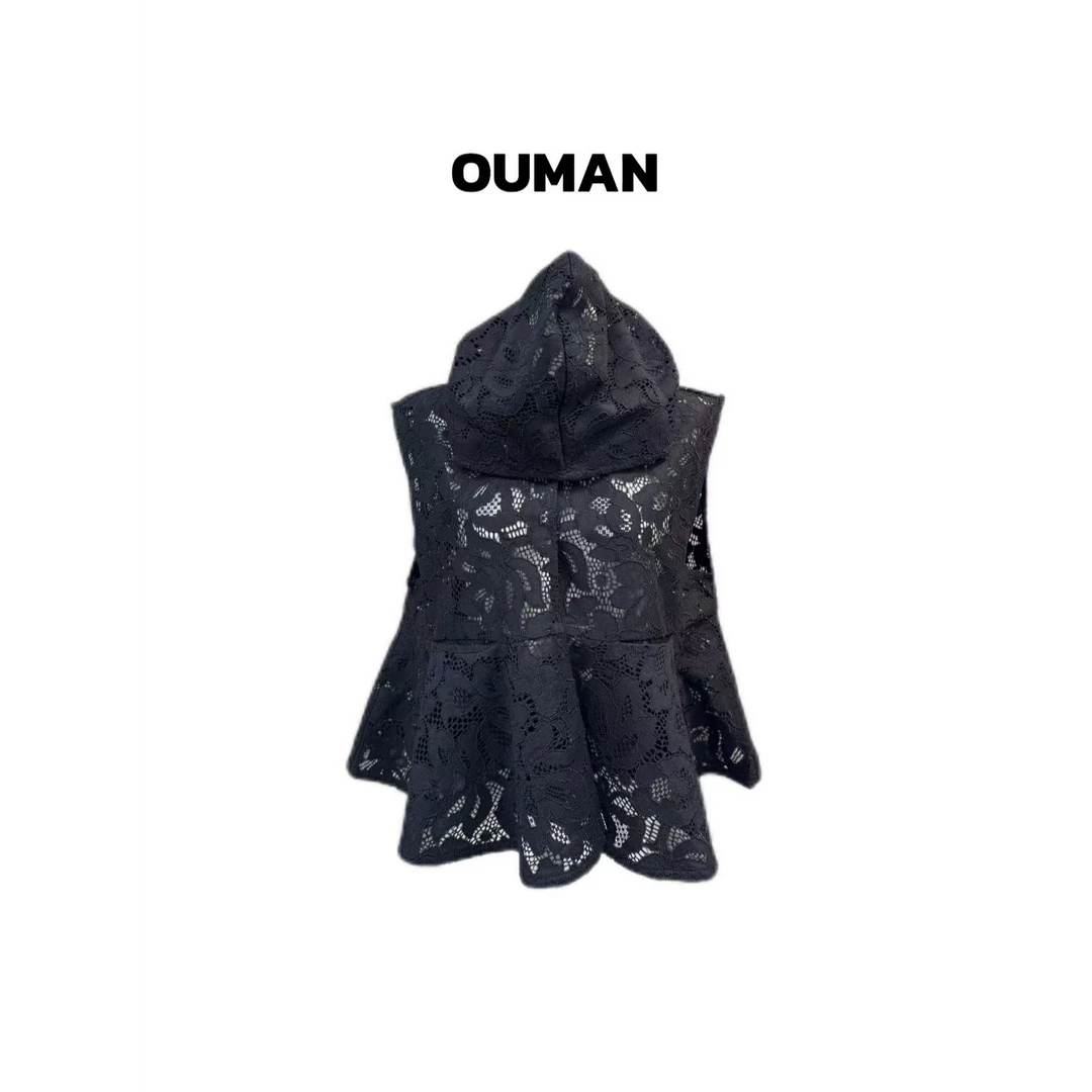 欧漫家【蕾丝连帽马甲】定制蕾丝休闲时尚百搭连帽马甲