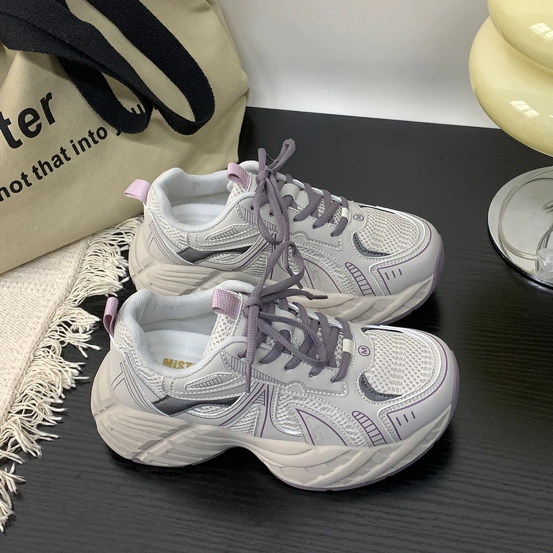 杏色网面复古厚底老爹鞋女2025秋新款透气显高时尚休闲经典运动鞋