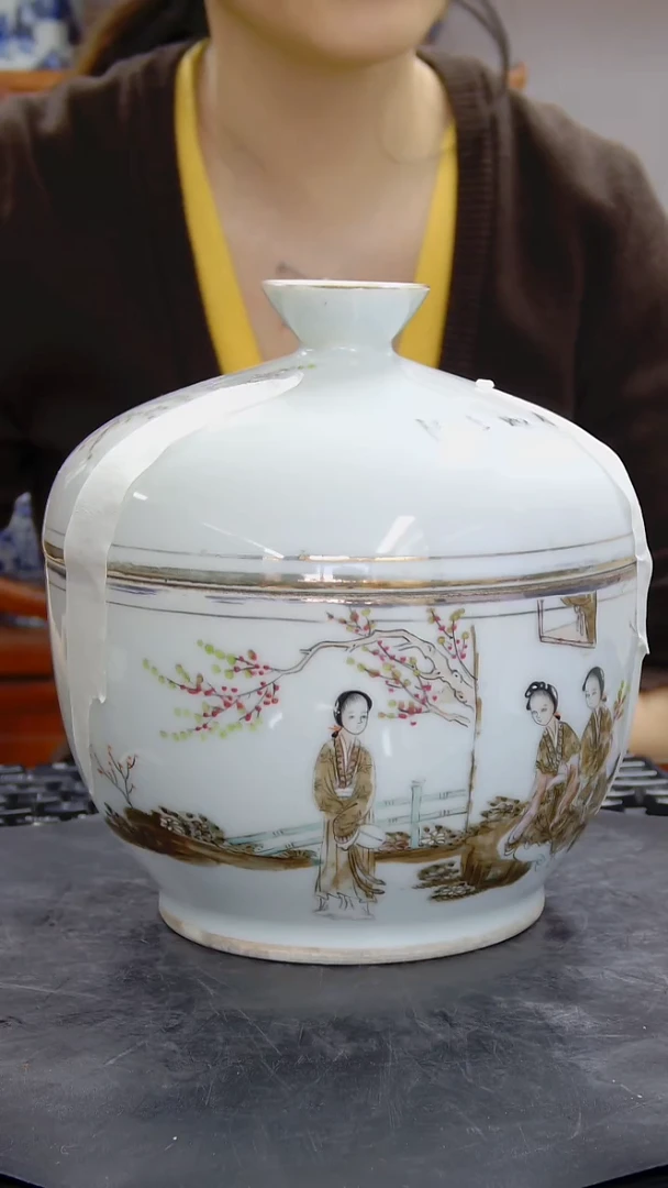 瓶浅绛彩仕女人物纹粥罐#487#