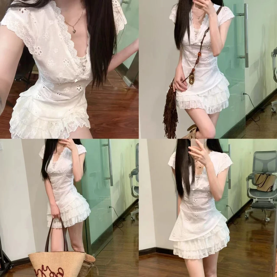 【蕾丝泡沫】假两件甜美纯欲连衣裙女夏季收腰裙子蕾丝1466