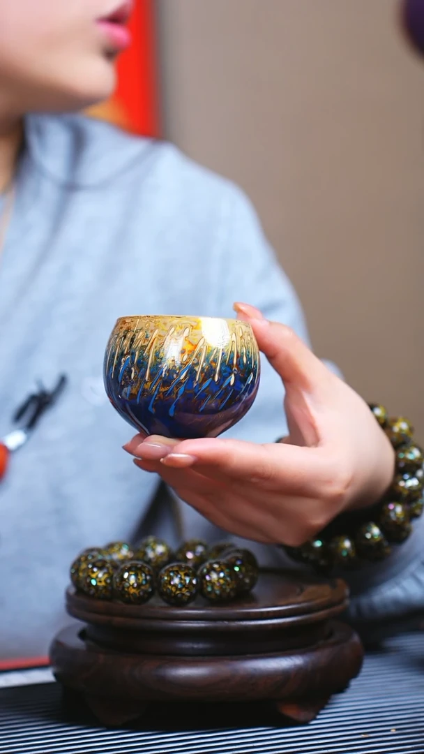 【闪购商品】JM101情人礼大漆蓝白螺纹渐变主人杯