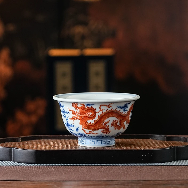 正德御窑望月怀古矾红双龙压手复古手绘茶盖碗手工瓷喝茶饮茶陶瓷