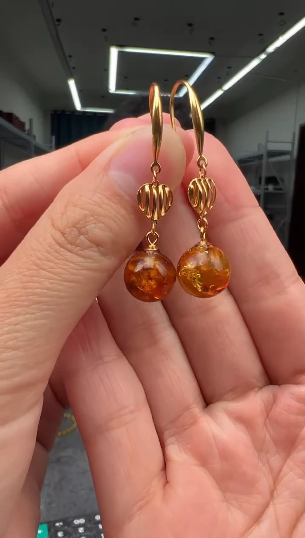 银S925镶嵌琥珀（花珀）耳饰耳坠