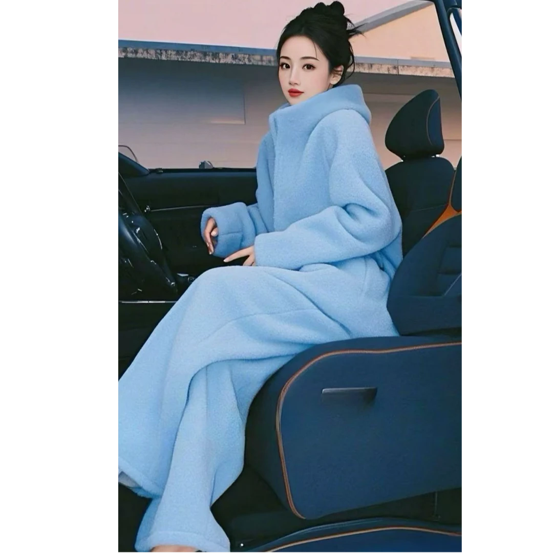 2024年韩系搭配一整套冬装时尚洋气蓝色连帽加厚上衣裤子两件套