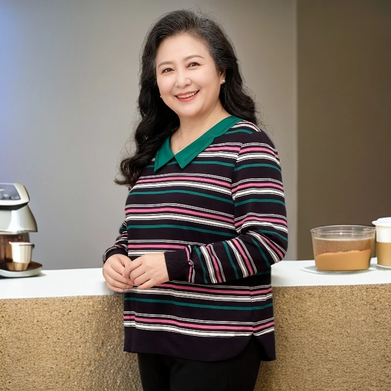 中老年女装秋季宽松条纹装针织透气面料妈妈装上衣娃娃领高级款