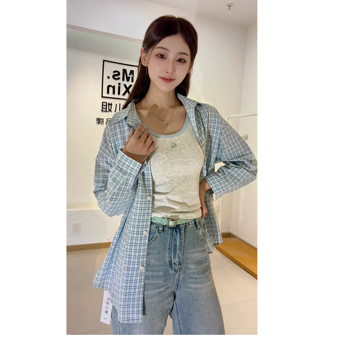 撞色内搭格子衬衫长袖休闲百搭设计感小众女装