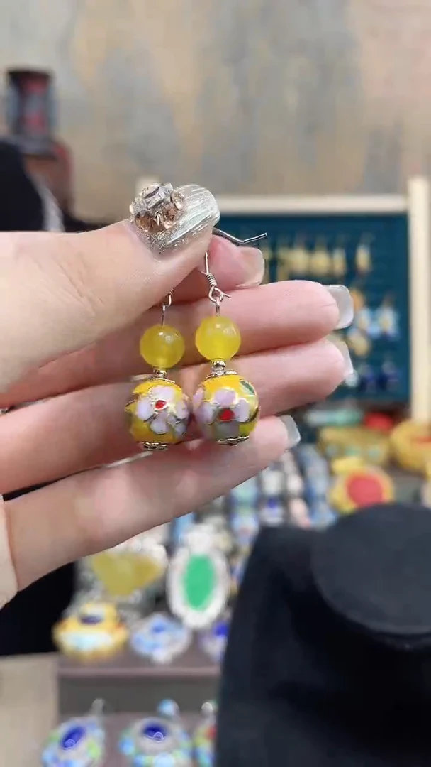 非遗手工景泰蓝耳环黄色