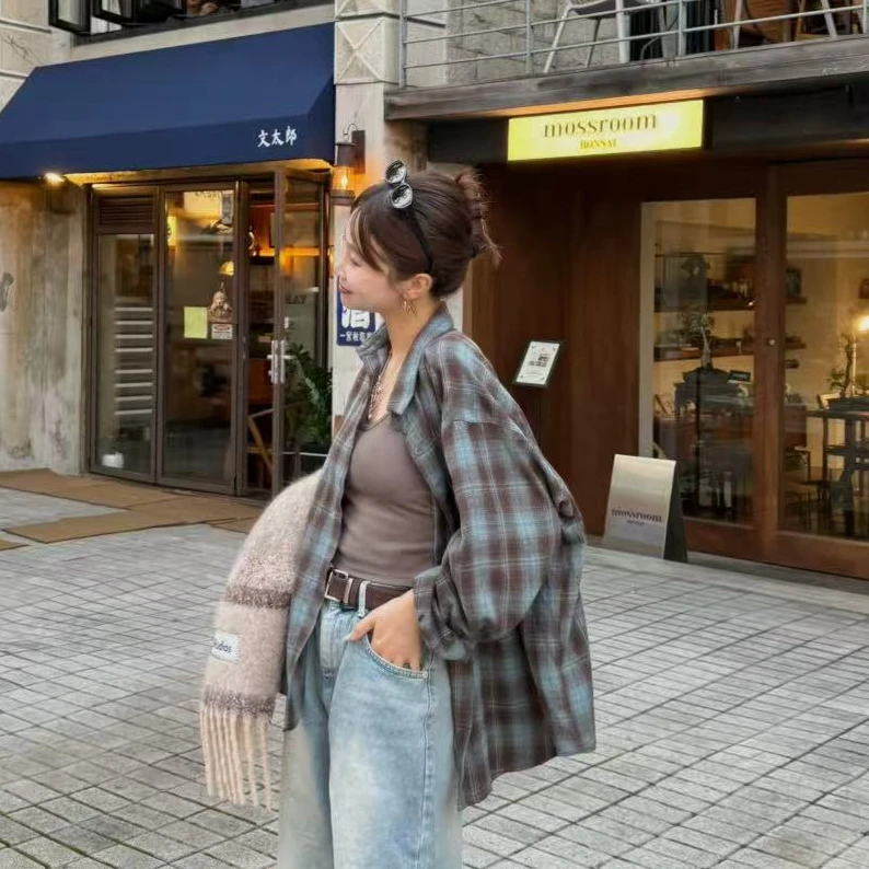 【NO退NO换】韩国丨百搭休闲磨毛蓝色格子衬衫