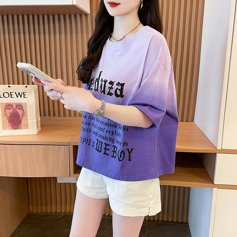 渐变色设计感纯棉短款小个子上衣女夏季韩版宽松大码洋气短袖t恤