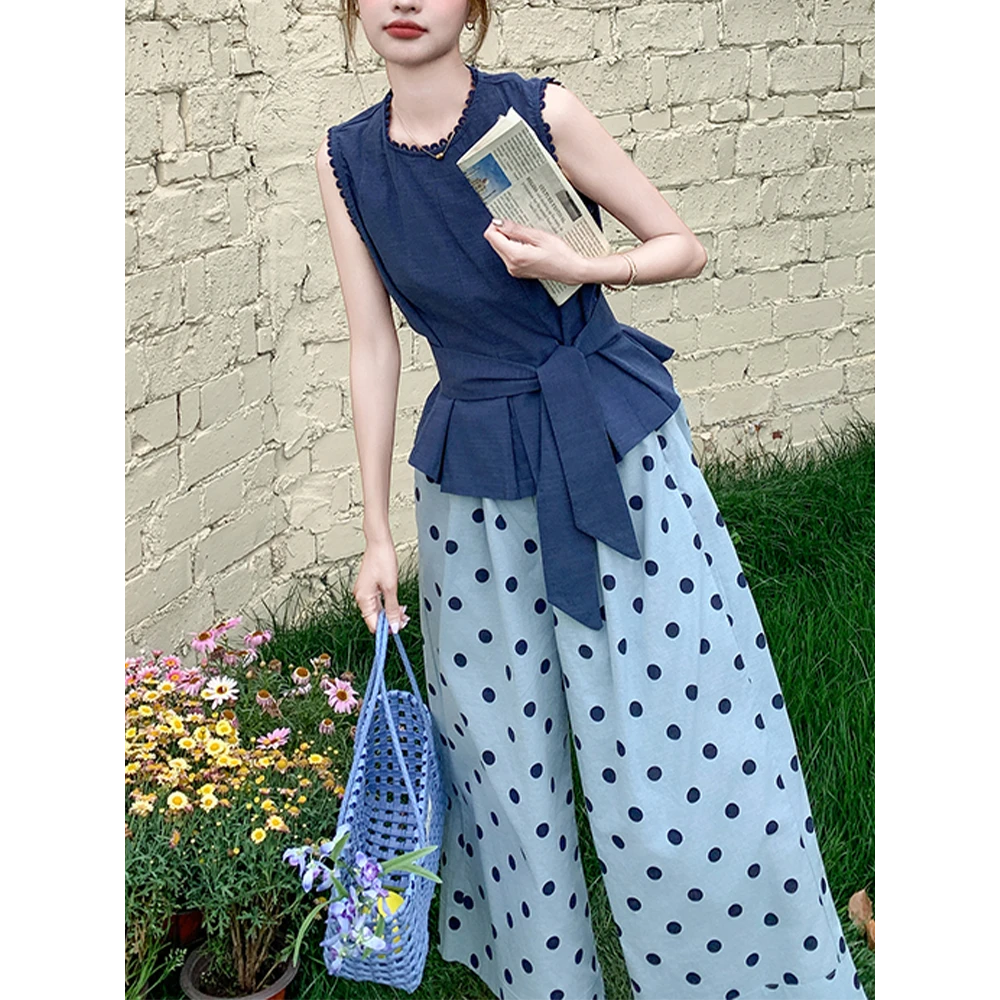 气质复古松弛感背心套装女夏季2025新款无袖上衣波点阔腿裤两件套