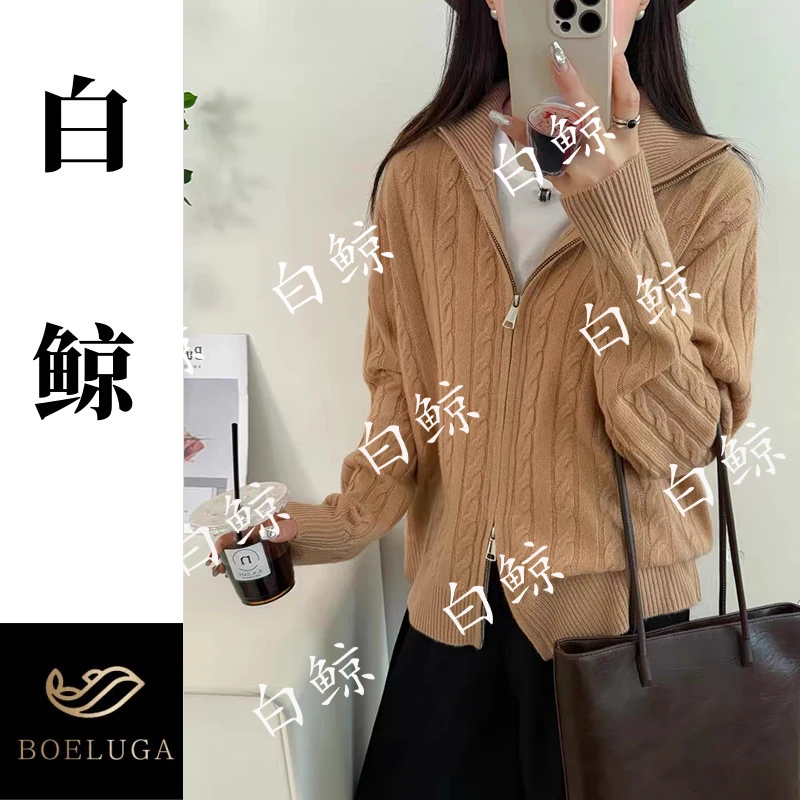 【白鲸】秋新款100%羊毛针织衫毛衣翻领双拉链开衫2736