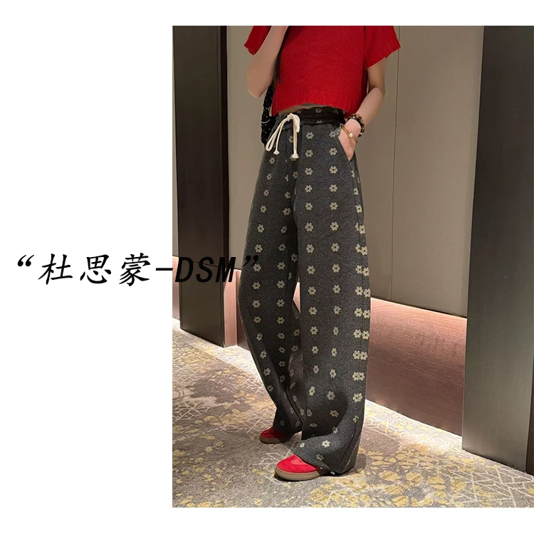（杜思蒙服饰）8041-【宝藏裤子】韩系时尚百搭显瘦花朵加绒休闲裤