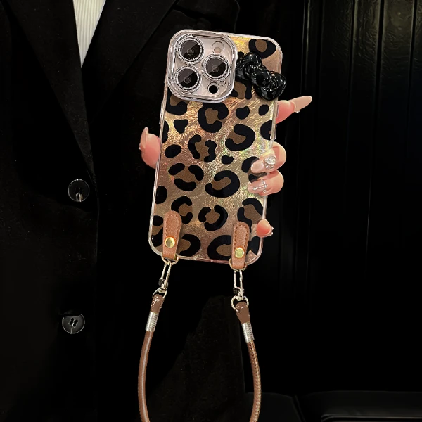 咖色豹纹适用于苹果15华为vivo小米oppo冰川纹手机壳