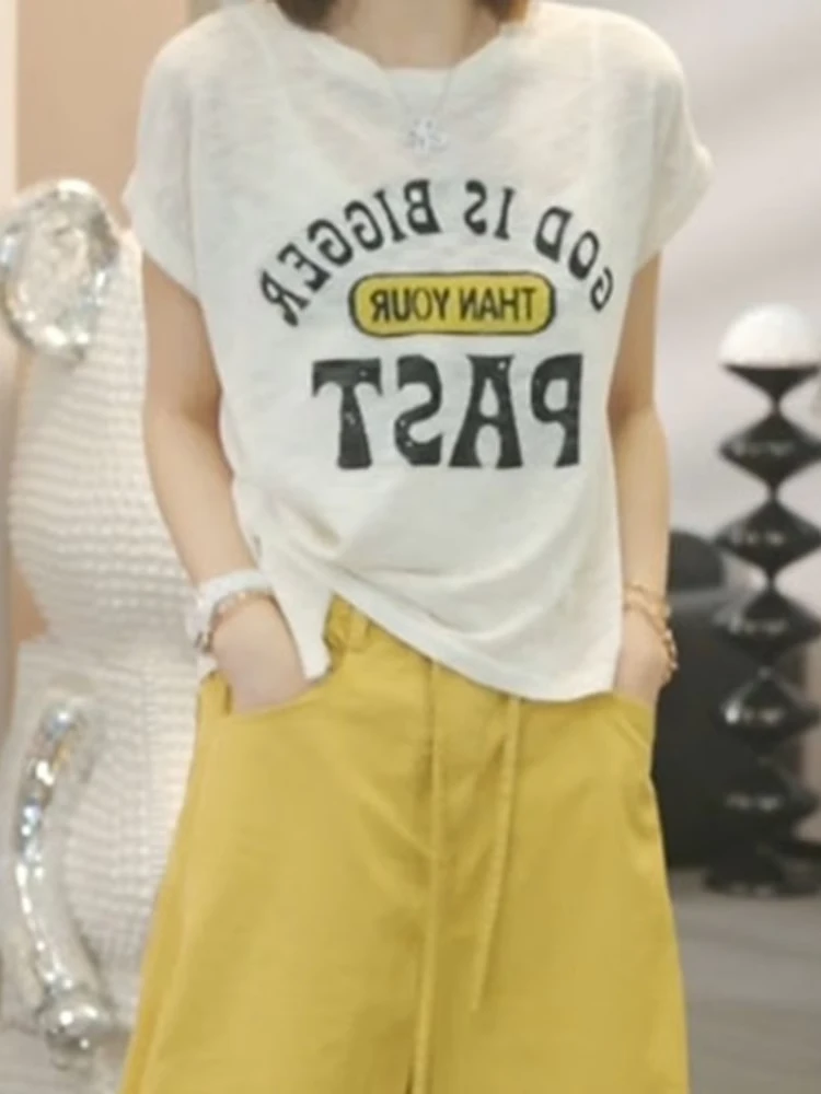 韩版褶皱设计感字母印花短袖T恤女2025新款夏季薄款透气百搭上衣