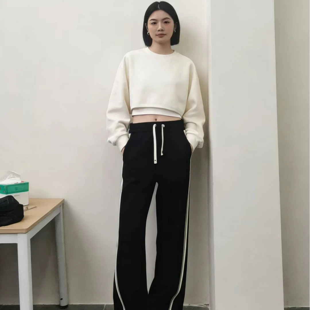 【T-61】黑色侧边白条纹阔腿休闲裤