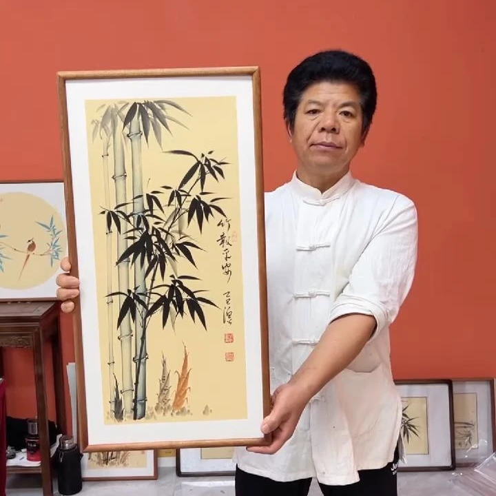 张富民作品/竹报平安（乌檀木实木框）（竖版）/35*68cm左右