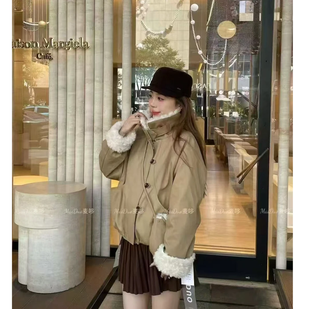 格子推荐~加厚韩系百搭立领毛毛外套配包包G109