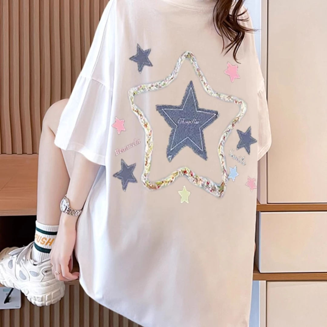 短袖宽松型学院风常规白色tT恤时尚设计感中长款ins印花