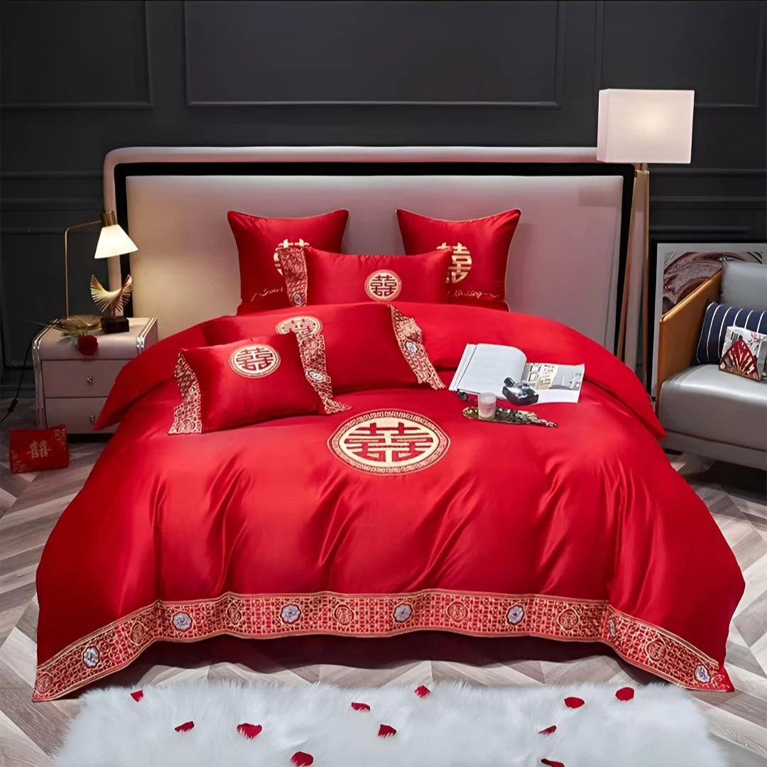 【同心缘】结婚天丝中式绣花婚房婚庆大红喜庆喜上加喜结婚四件套