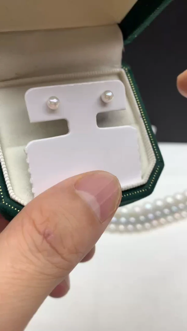 银S925镶嵌ff海水珍珠akoya白珠耳饰3~4mm