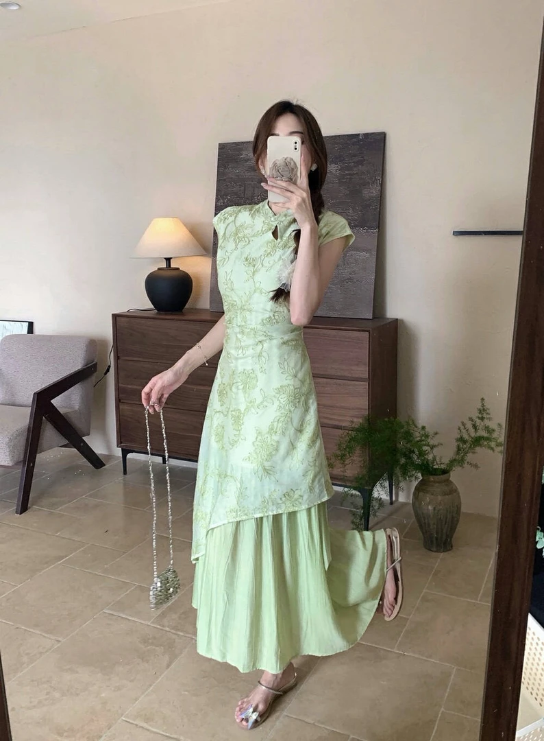 新中式国风改良旗袍连衣裙女夏季日常穿搭少女修身气质绿色长裙子