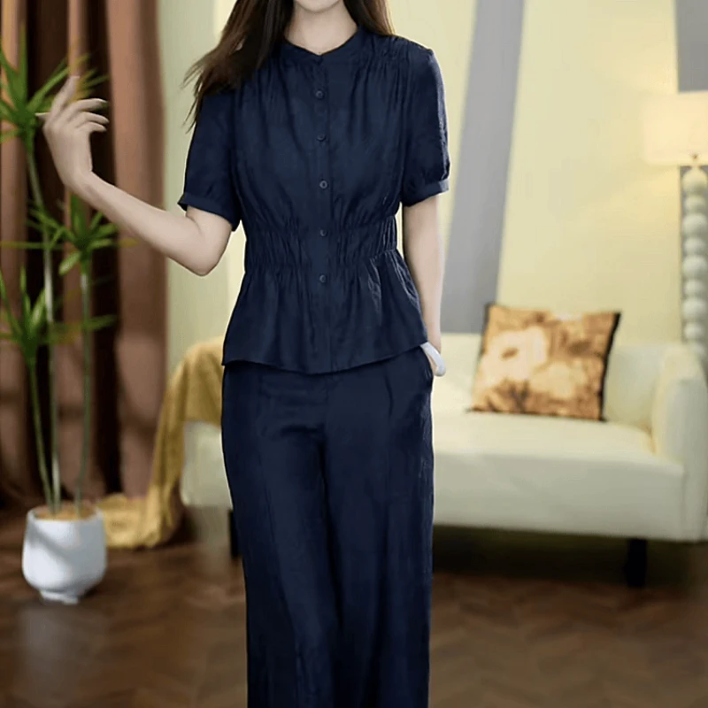 【上衣+休闲裤】2025夏季新款高端气质轻奢时尚修身收腰显瘦两件套