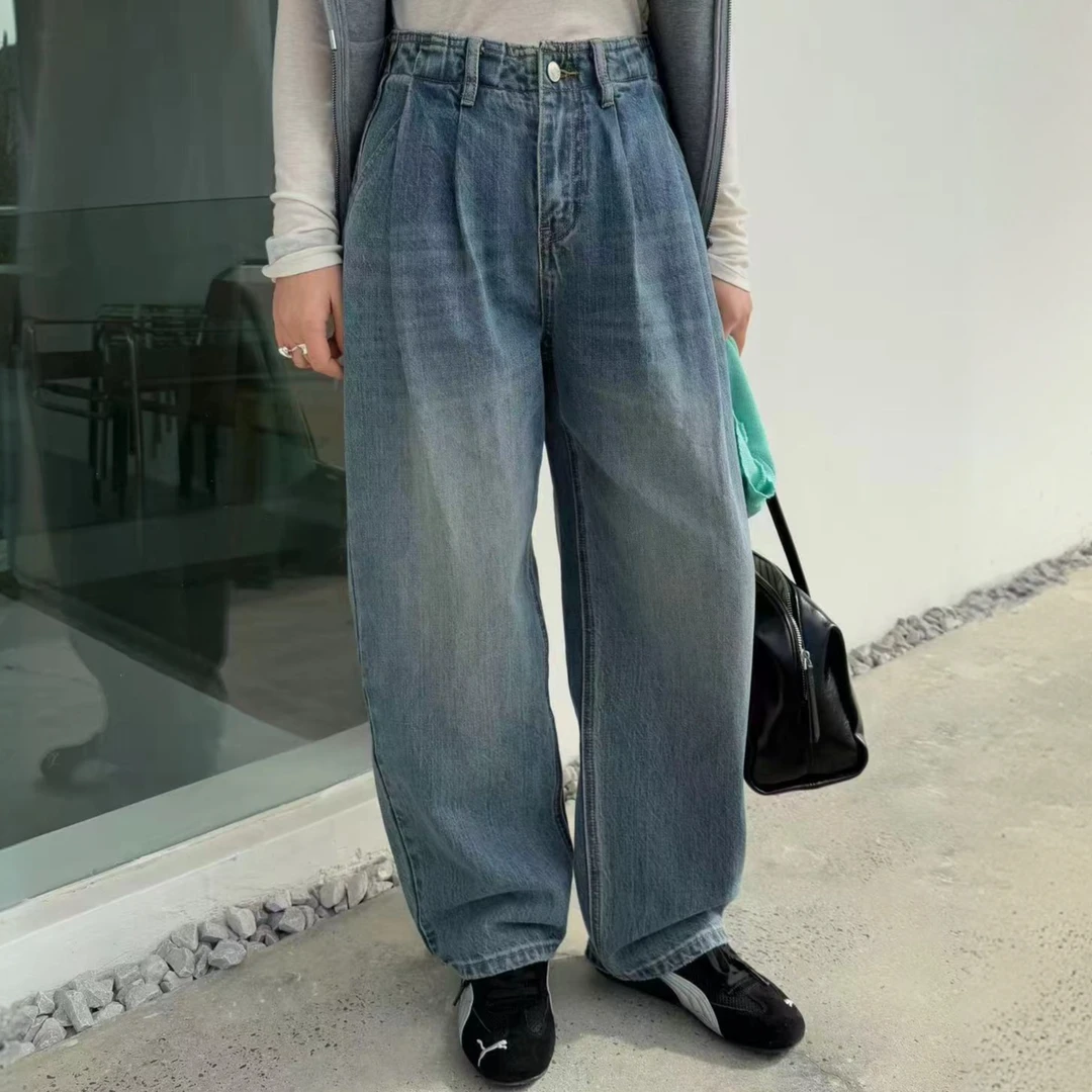 复古老爹裤宽松遮肉显瘦阔腿牛仔裤小个子弯刀裤休闲百搭松弛感