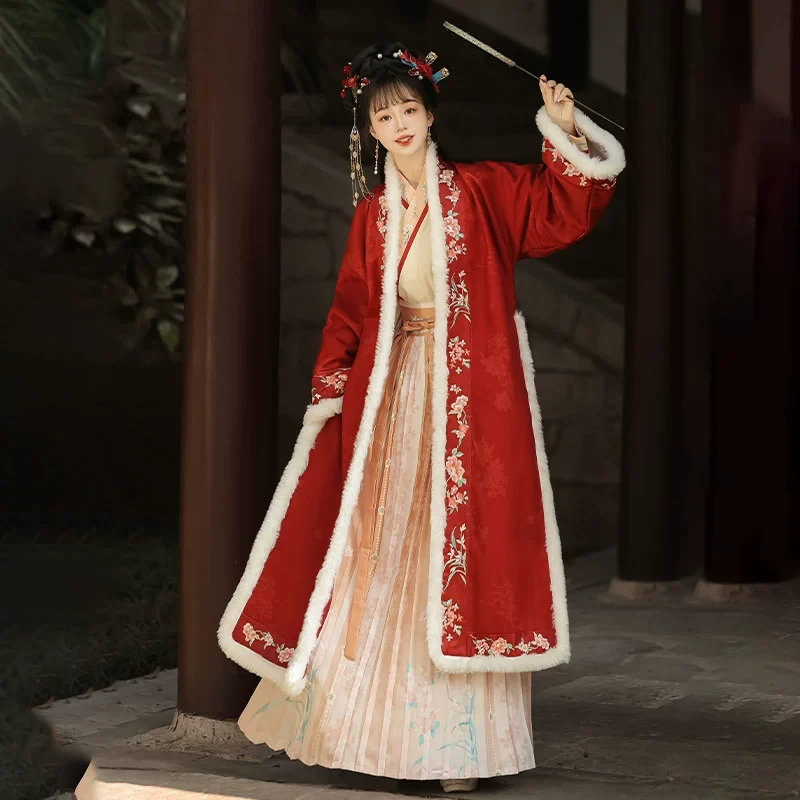 【迎春花】原创汉服女宋制冬款交领对襟长袄百褶裙厚日常齐腰秋