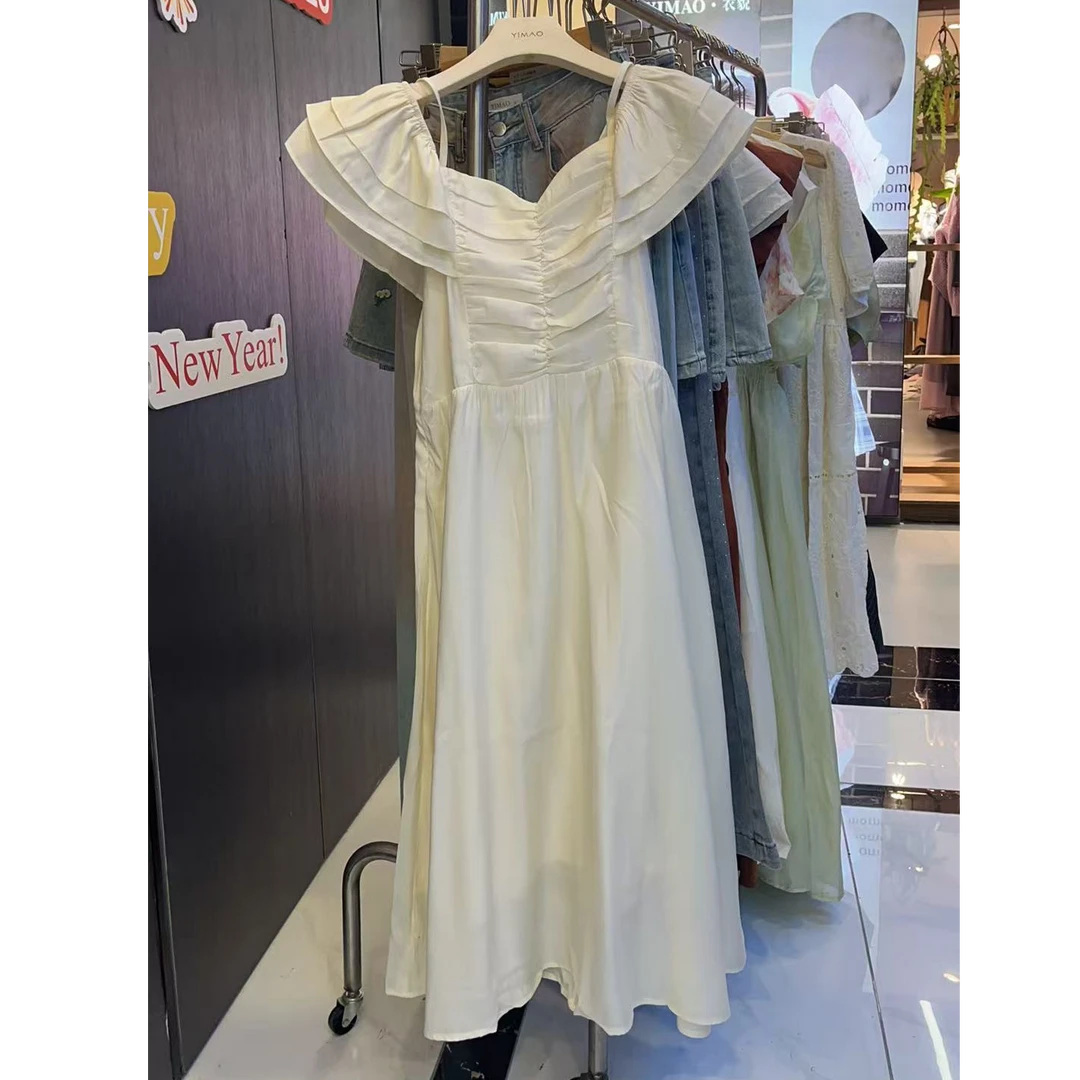 ML422564气质杏色收腰显瘦褶皱长款夏季白色休闲连衣裙裙子