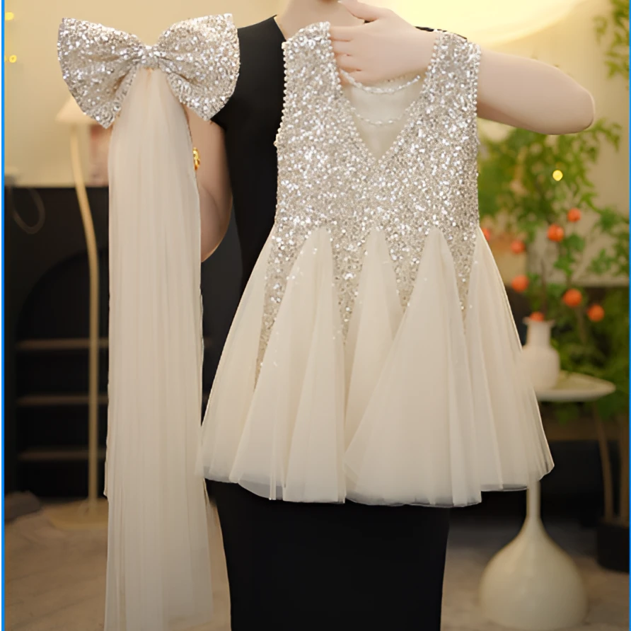 【MB海之女】女童2025轻奢亮银宴会礼服裙夏季新款立体连衣裙洋气