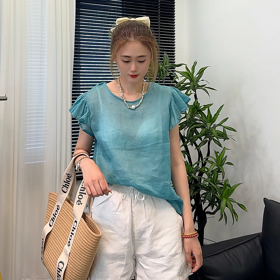 亚麻纯色简约短袖常规款拼接T恤洋气开叉蝴蝶结百搭932