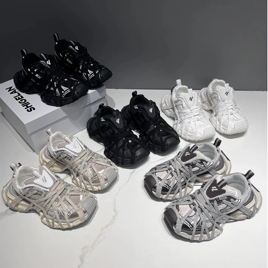 诗歌兰真皮女2025春新款时尚厚底绑带网面透气老爹鞋女做旧运动鞋