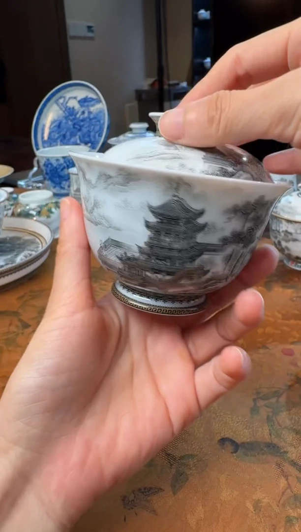 免**统手绘重工岳阳楼盖碗