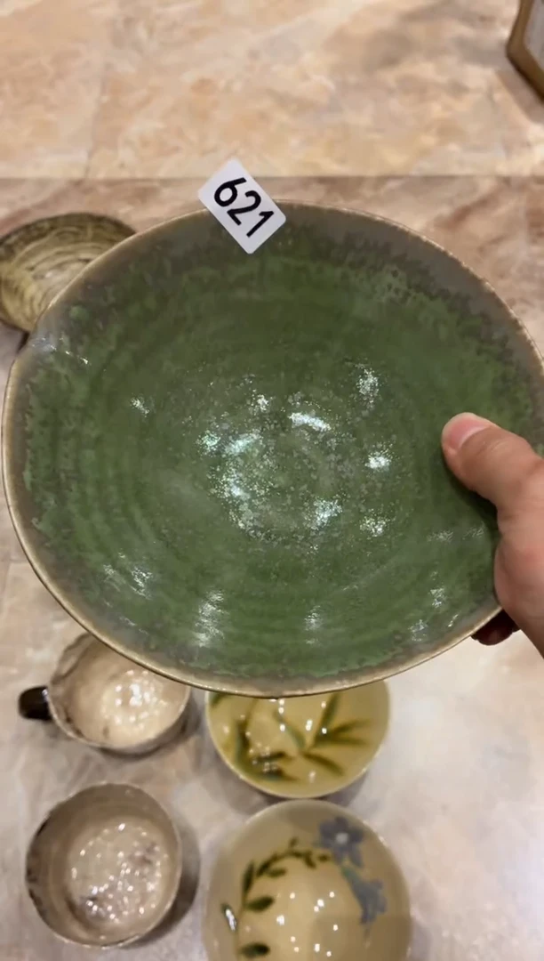 瓷片浅**然621窑变绿双耳碗1个