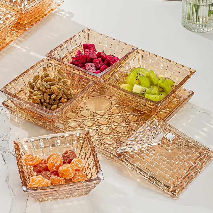 高档轻奢琥珀色水晶玻璃分格带盖水果零食盘托盘客厅大号果盘甜品
