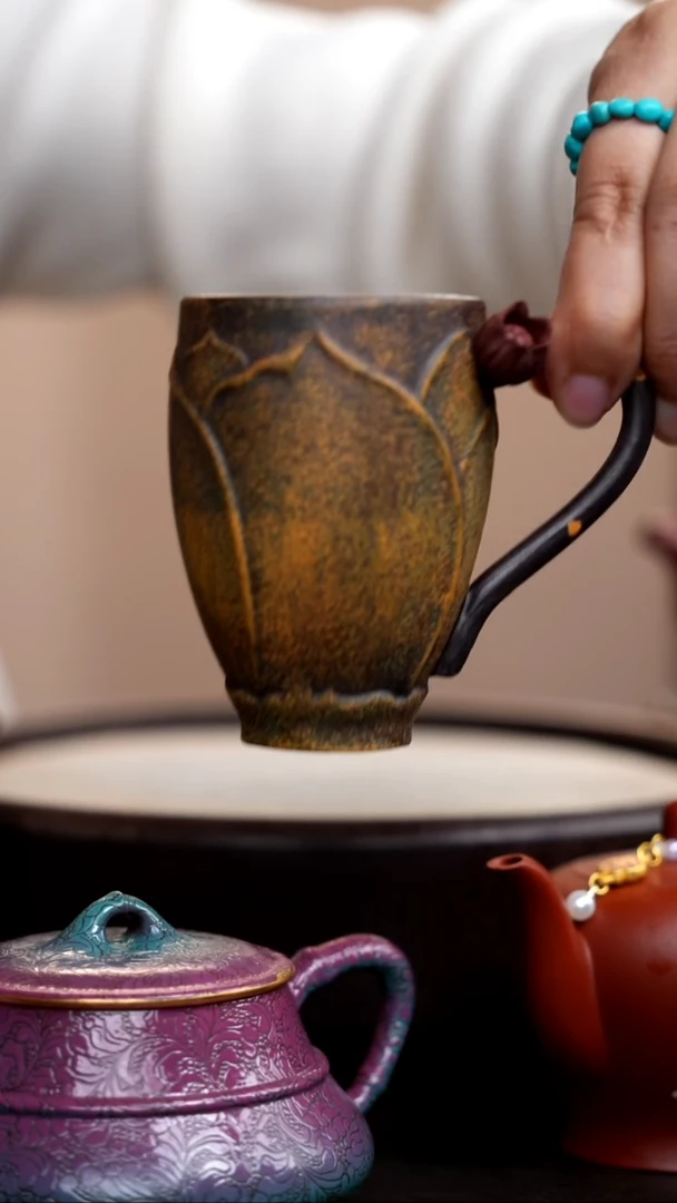 茶壶紫砂紫泥高莲花手把杯