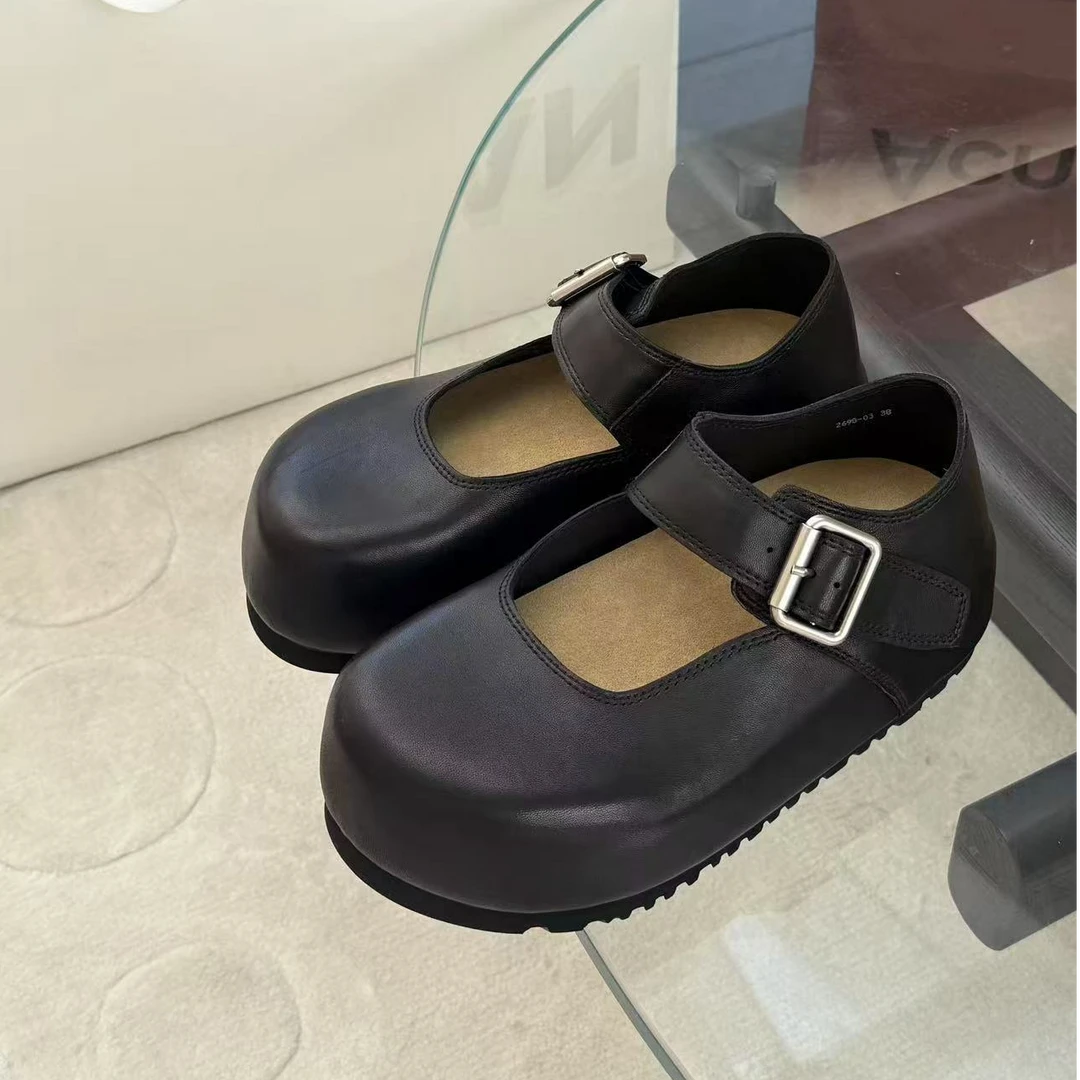 诗歌兰2025年新款真皮时尚圆头厚底一字带休闲勃肯鞋2698-03