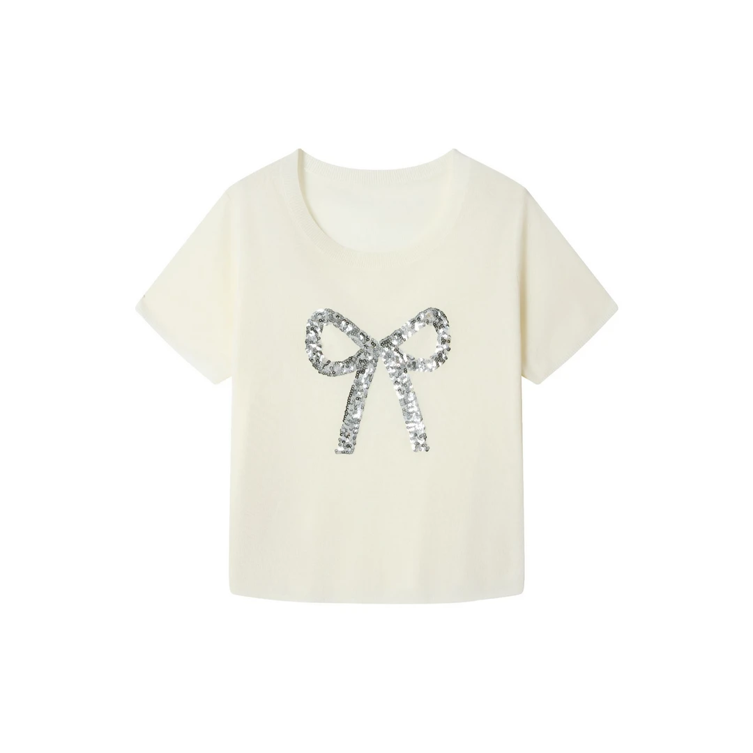 PLUSMALL 蝴蝶结珠片短袖宽松显瘦夏季新款樱桃短袖T恤PM2504156